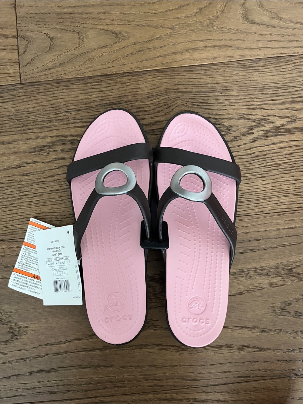 CROCS Pink Footbed Black Strap Silver Ring Casual Sandals
